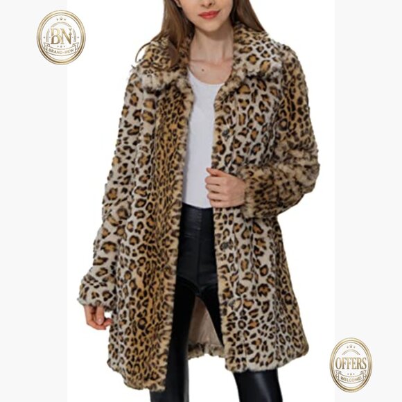 Leopard Print Faux Fur Sherpa Fleece Coat Jacket Overcoat - Picture 2 of 7